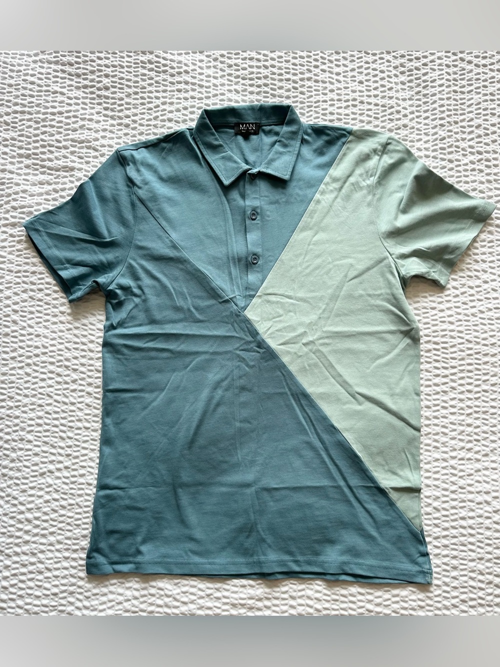 Boohoo Teal and Mint Diagonal Colorblock Polo